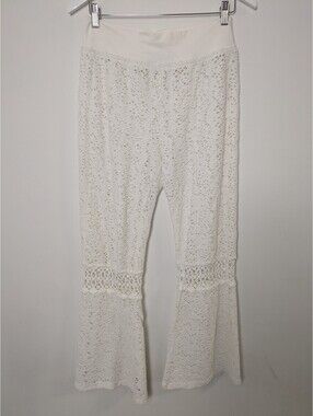 Solitaire Swim White Lace Flare Pants Sz L Sheer Crochet Beach Cover-Up Trousers